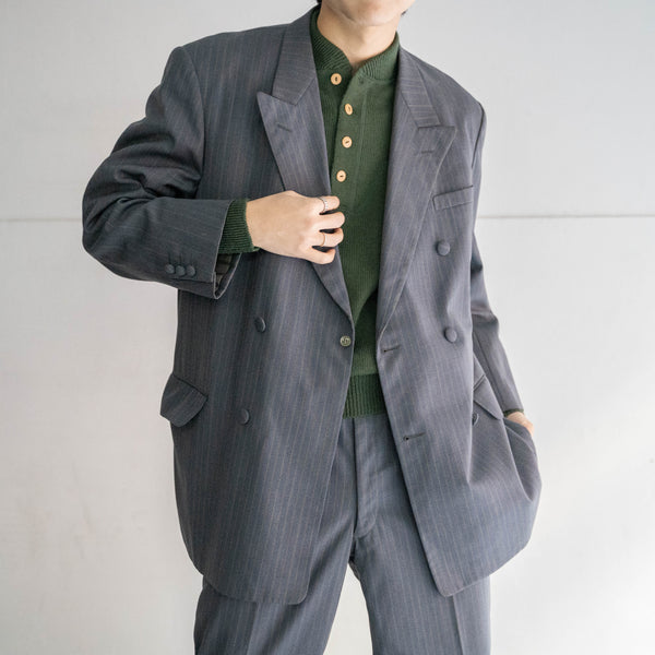 1970s Japan vintage gray blue striped double breasted set up