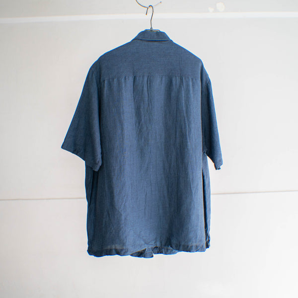 2000s indigo blue linen × rayon s/s shirt