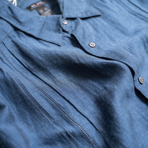 2000s indigo blue linen × rayon s/s shirt