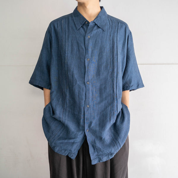 2000s indigo blue linen × rayon s/s shirt