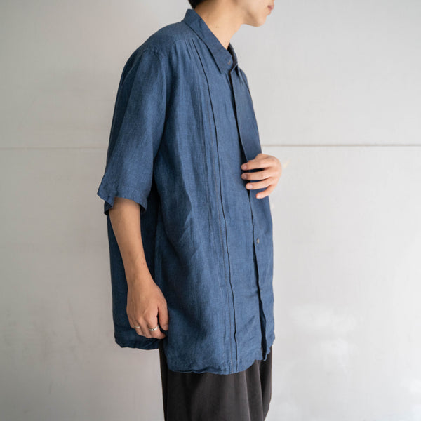 2000s indigo blue linen × rayon s/s shirt