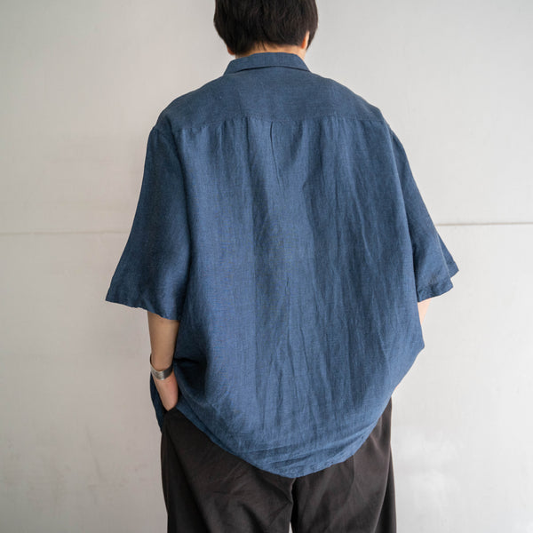 2000s indigo blue linen × rayon s/s shirt