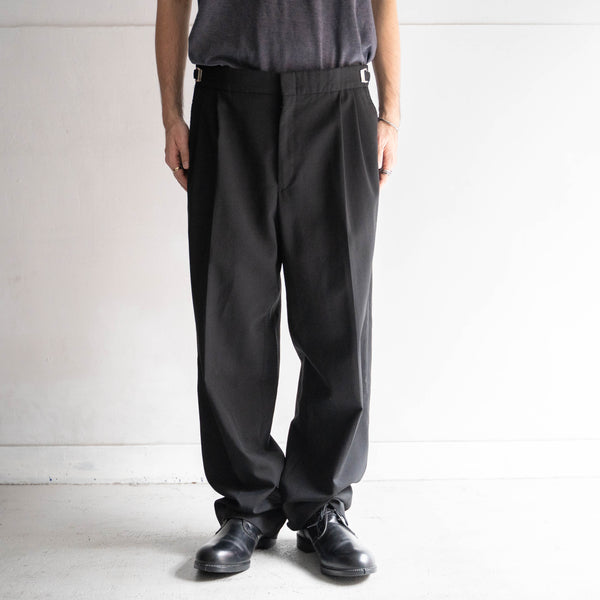 1990s Europe black color wool two tuck slacks -with side adjuster-