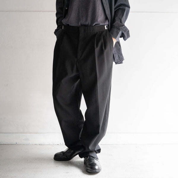 1990s Europe black color wool two tuck slacks -with side adjuster-