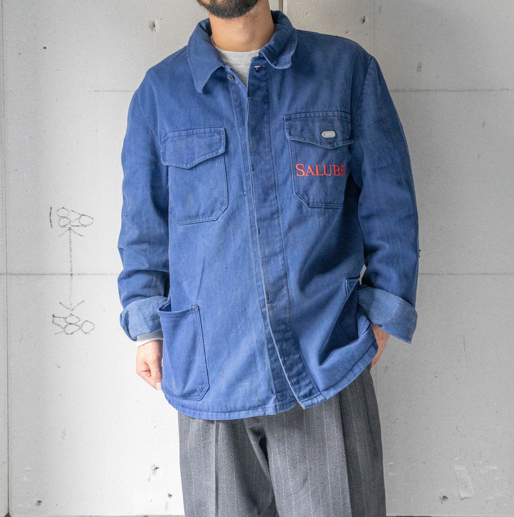 around 1970s Germany blue cotton twill work jacket -4 pockets-