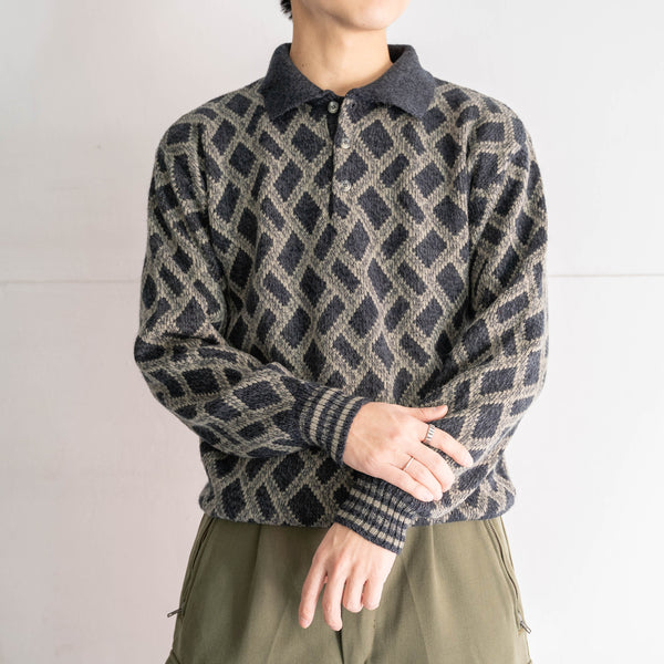 1990s gray × navy geometric pattern knit polo