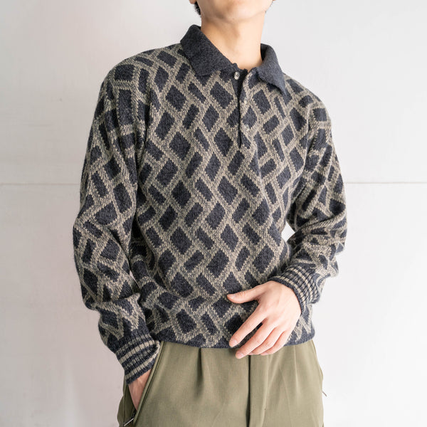 1990s gray × navy geometric pattern knit polo