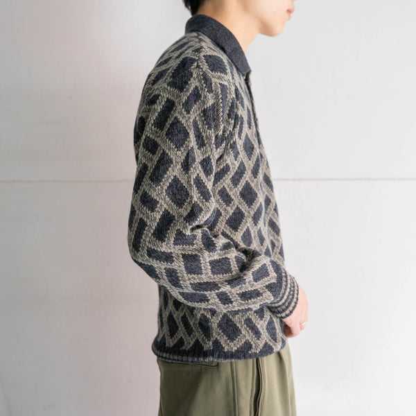 1990s gray × navy geometric pattern knit polo