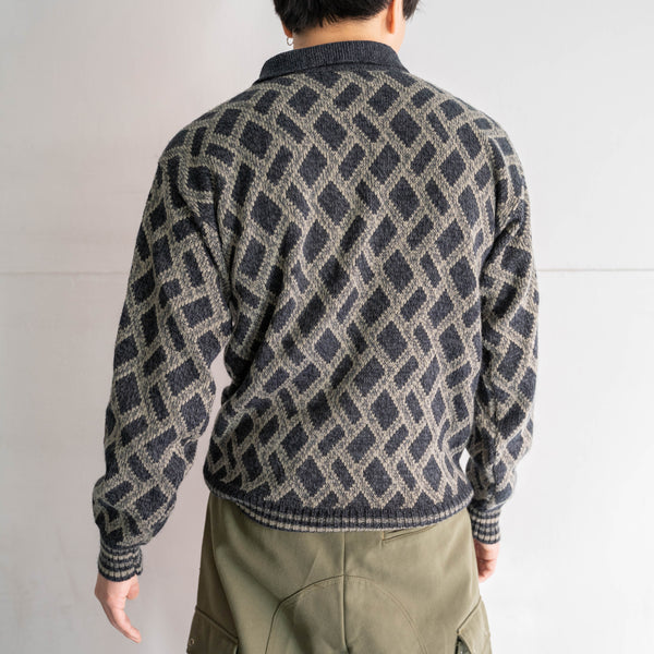 1990s gray × navy geometric pattern knit polo