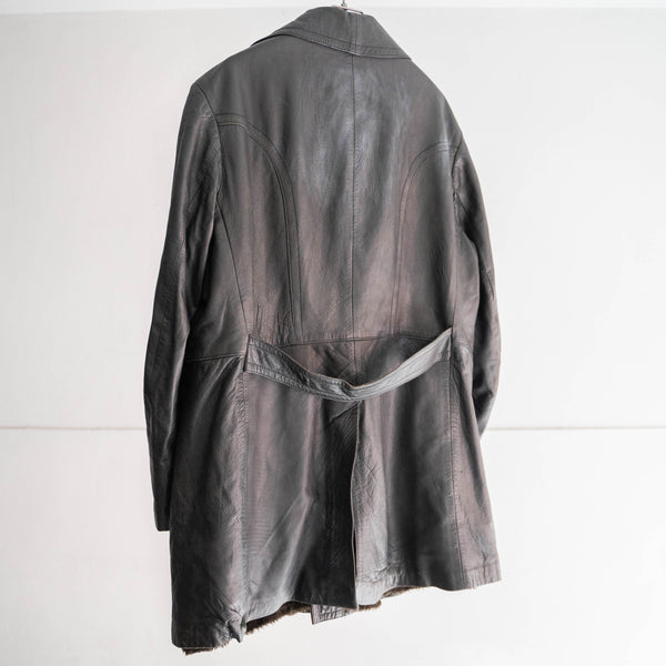 1970-80s Germany black color double breasted  leather coat 'with far liner'