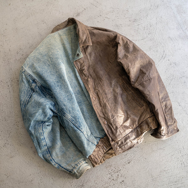1980s brown leather & denim reversible blouson
