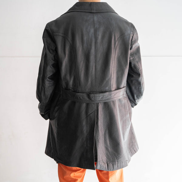 1970-80s Germany black color double breasted  leather coat 'with far liner'