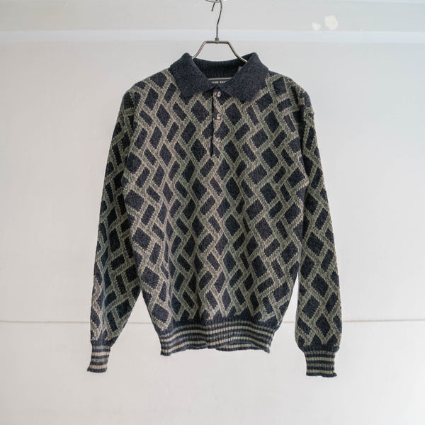 1990s gray × navy geometric pattern knit polo