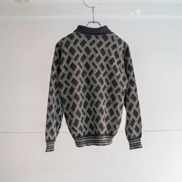 1990s gray × navy geometric pattern knit polo