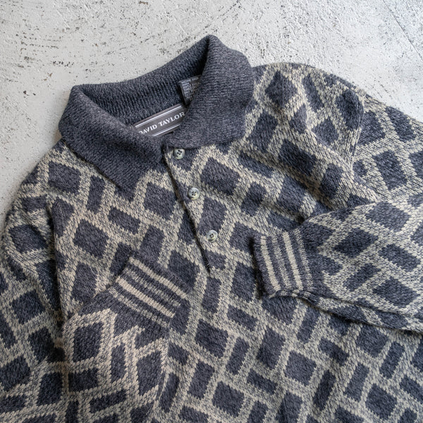 1990s gray × navy geometric pattern knit polo