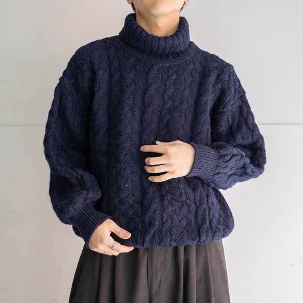 1990s deep navy high neck Aran knit