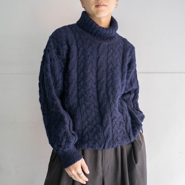 1990s deep navy high neck Aran knit