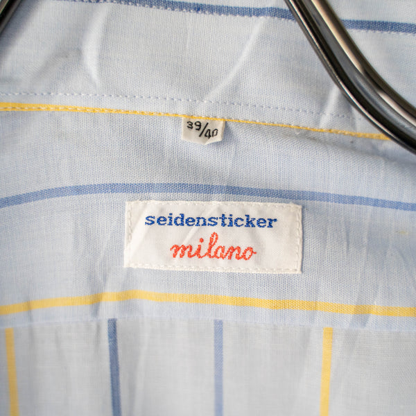 around1970s Germany skyblue base yellow × blue stripe shirt "dead stock"