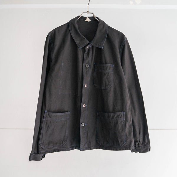 around 1970s France cotton twill work jacket -black dyed with blue stitch- 'dead stock'