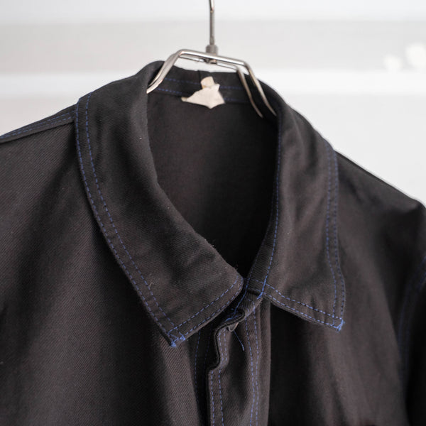 around 1970s France cotton twill work jacket -black dyed with blue stitch- 'dead stock'