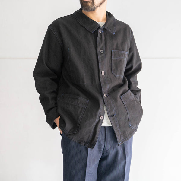 around 1970s France cotton twill work jacket -black dyed with blue stitch- 'dead stock'