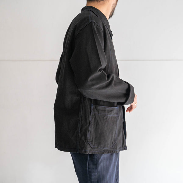 around 1970s France cotton twill work jacket -black dyed with blue stitch- 'dead stock'