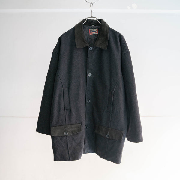 1990s dark gray wool & leather switching half coat