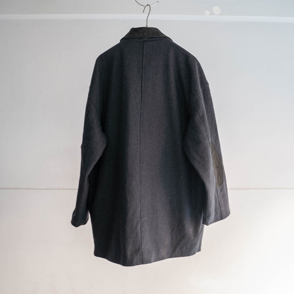 1990s dark gray wool & leather switching half coat