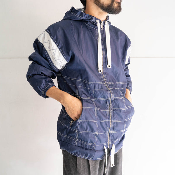 1990s 'adidas' navy × white zip up foodie -with draw cord-