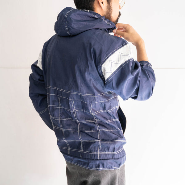 1990s 'adidas' navy × white zip up foodie -with draw cord-