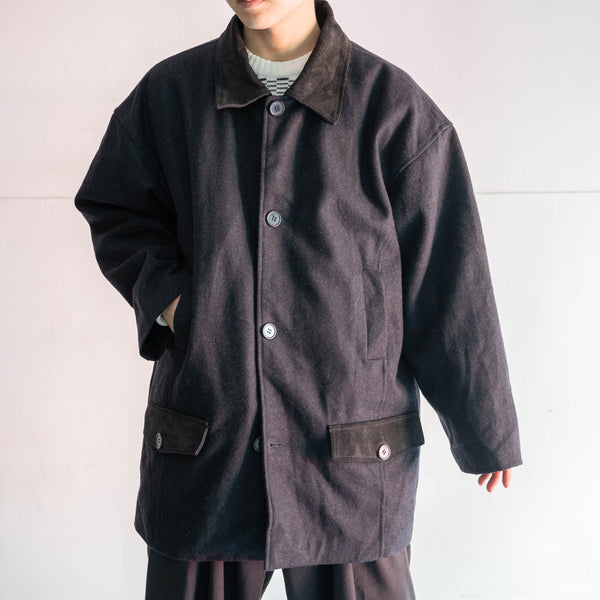 1990s dark gray wool & leather switching half coat