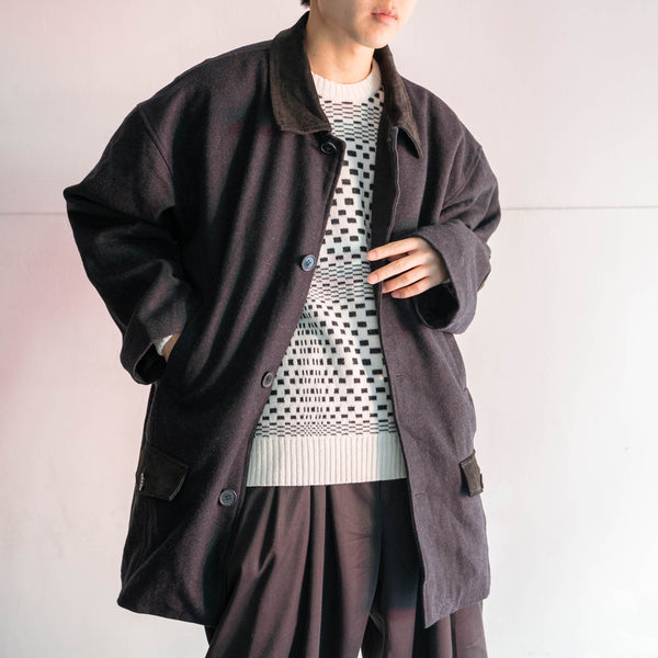 1990s dark gray wool & leather switching half coat