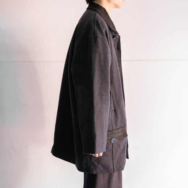 1990s dark gray wool & leather switching half coat
