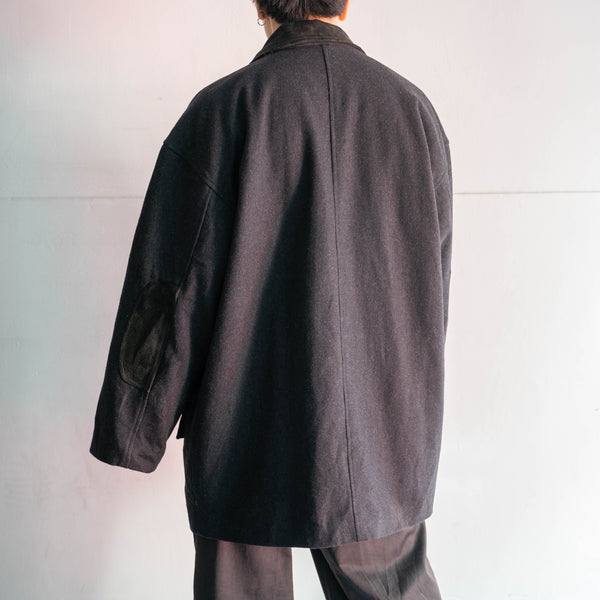 1990s dark gray wool & leather switching half coat