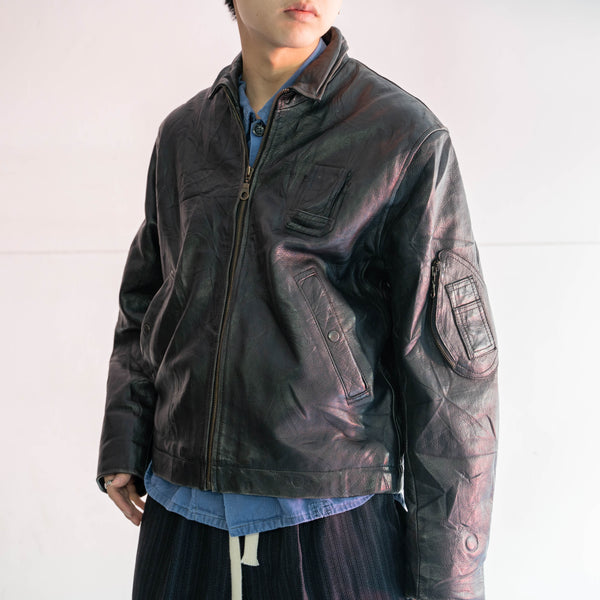 around 1990s French military pilot leather jacket -black color-