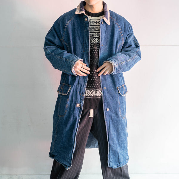 1980-90s blue denim long coat -good collar-