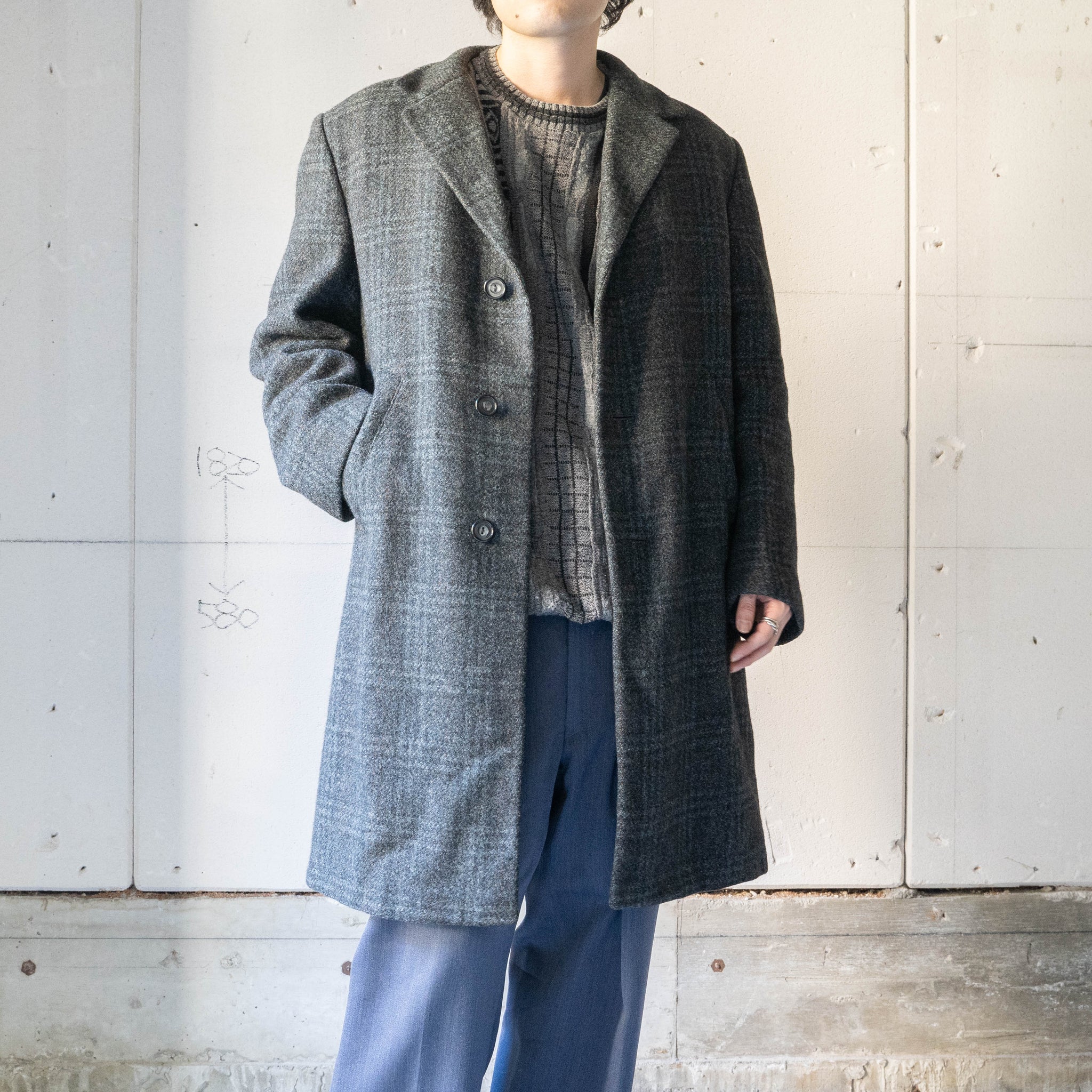 1970-80s France blue × gray checked wool coat