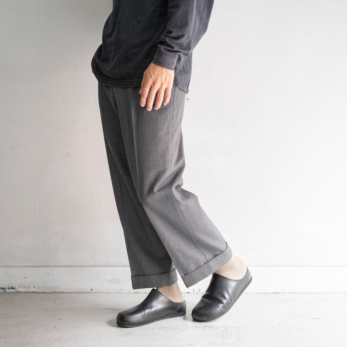 1980s Japan vintage gray color one tuck wool stripe slacks 'double hem ...