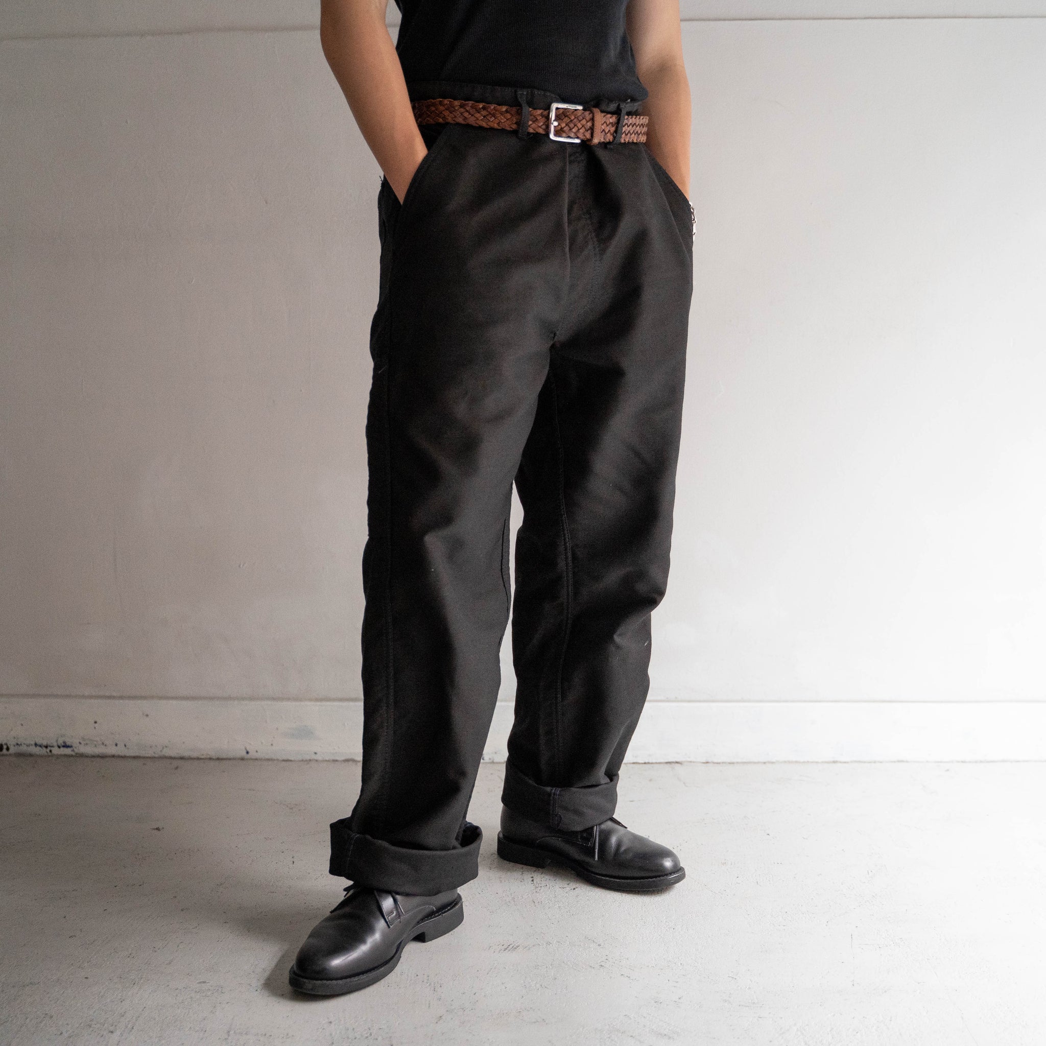 around 1970s France moleskin work pants 'dead stock' -black dyed-