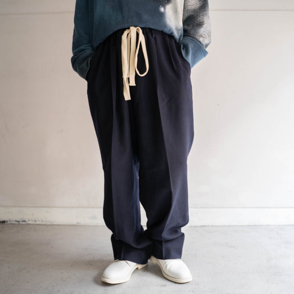 2000s dark navy wool wide slacks -waist cord remake-