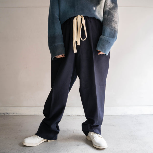 2000s dark navy wool wide slacks -waist cord remake-