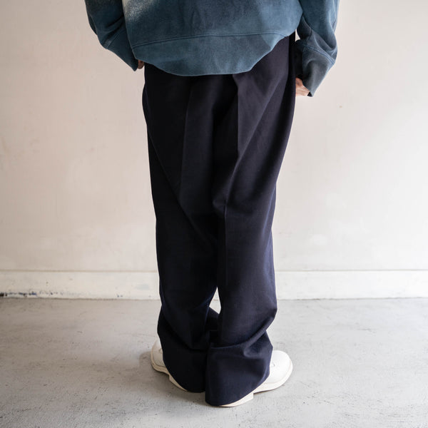 2000s dark navy wool wide slacks -waist cord remake-