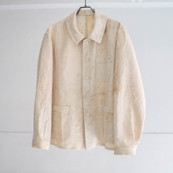 ~1920s "ANTIQUE REMAKE" French linen fabric work jacket -with rivet-