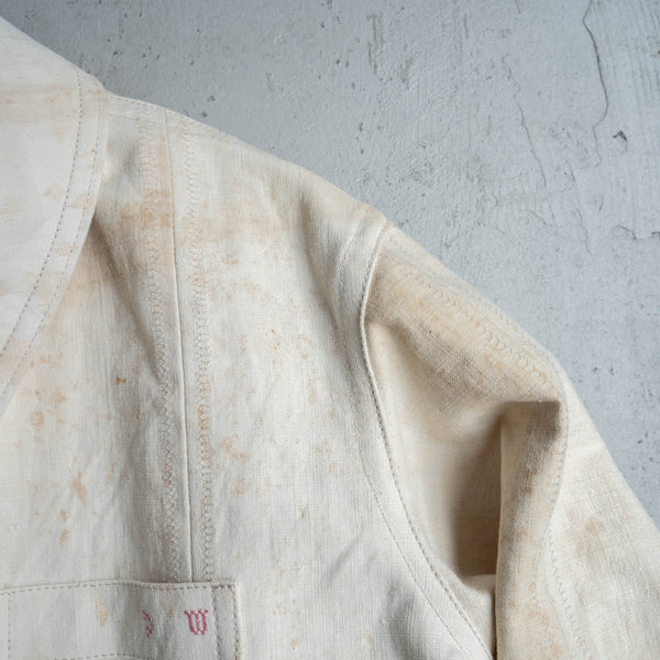 ~1920s "ANTIQUE REMAKE" French linen fabric work jacket -with rivet-