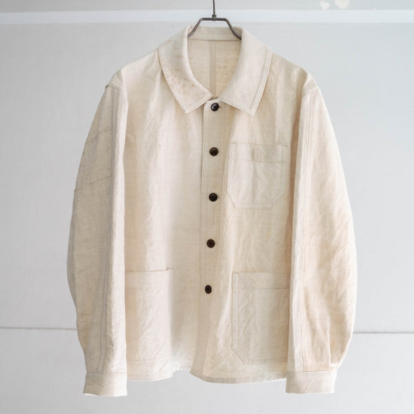 ~1920s "ANTIQUE REMAKE" French linen fabric work jacket -1