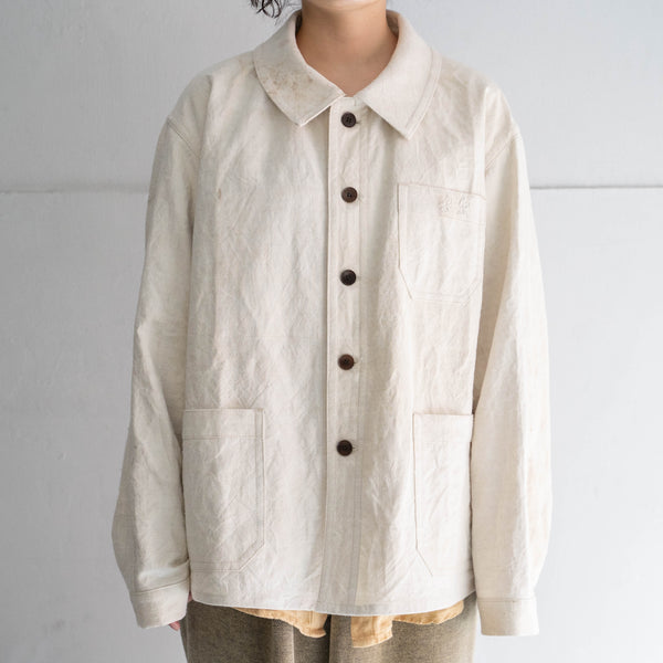 ~1920s "ANTIQUE REMAKE" French linen fabric work jacket -1