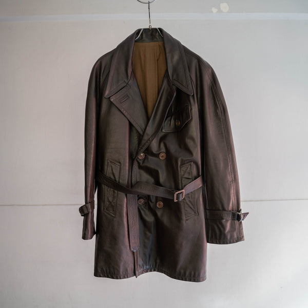 1960-70s Frence aviator style brown double breasted leather coat 'dead stock'
