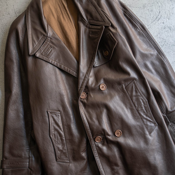 1960-70s Frence aviator style brown double breasted leather coat 'dead stock'