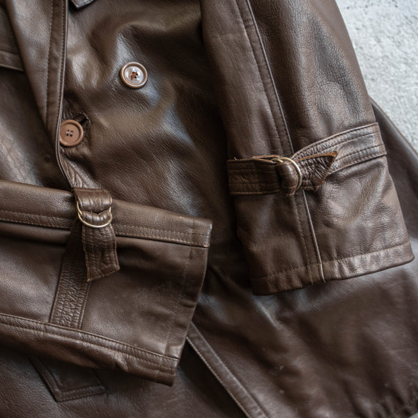 1960-70s Frence aviator style brown double breasted leather coat 'dead stock'