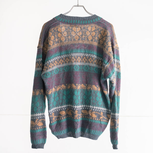 1990s wool × acrylic ethnic pattern knit cardigan